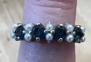 Gorgeous 14K 'PLUMB' W Gold Sapphire Pearl band Ring Stackable Size 5 - Picture 1 of 9