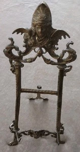 Large 17.5" VTG Brass Display Easel Art Decor Tabletop Photo Stand Rocco Heads - Picture 1 of 13