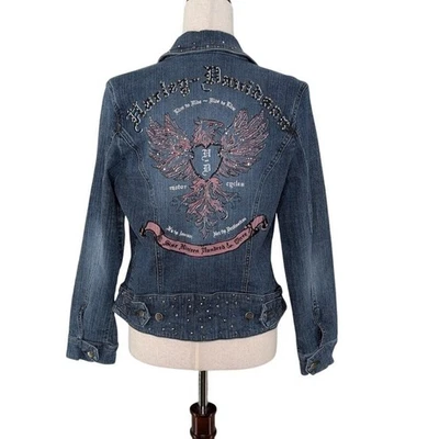Harley Davidson Denim Biker Jacket Y2K size Medium Pink Studded Rhinestone - Image 1 of 4