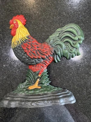 Vintage Cast Iron Hand Painted Rooster Door Stop Mantle Decor 9” farmhouse - Image 1 of 3