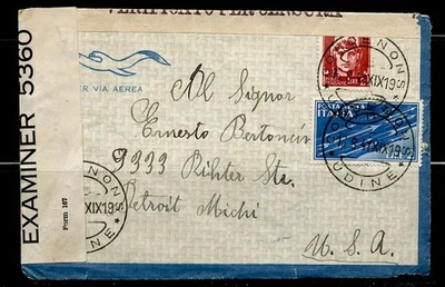 ITALIA DOBLE CENSOR CUBIERTA cds COROENONS UDINE 1941 CMBO FKD mld EE. UU. Foto 1 de 4