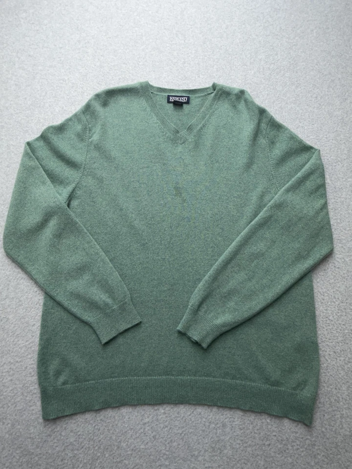 Lands' End Sweater Mens Large Green Heather 100% Cashmere V Neck Pullover Soft - Image 1 of 4