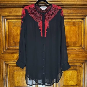 King Ranch Shirt Damen Large schwarz rot bestickt transparent Tunika Oberteil Knopfleiste - Bild 1 von 10