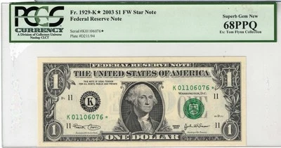 2003  $1 FEDERAL RESERVE NOTE - DALLAS TX - FW STAR NOTE  K01106076* PCGS-68! - Image 1 of 2