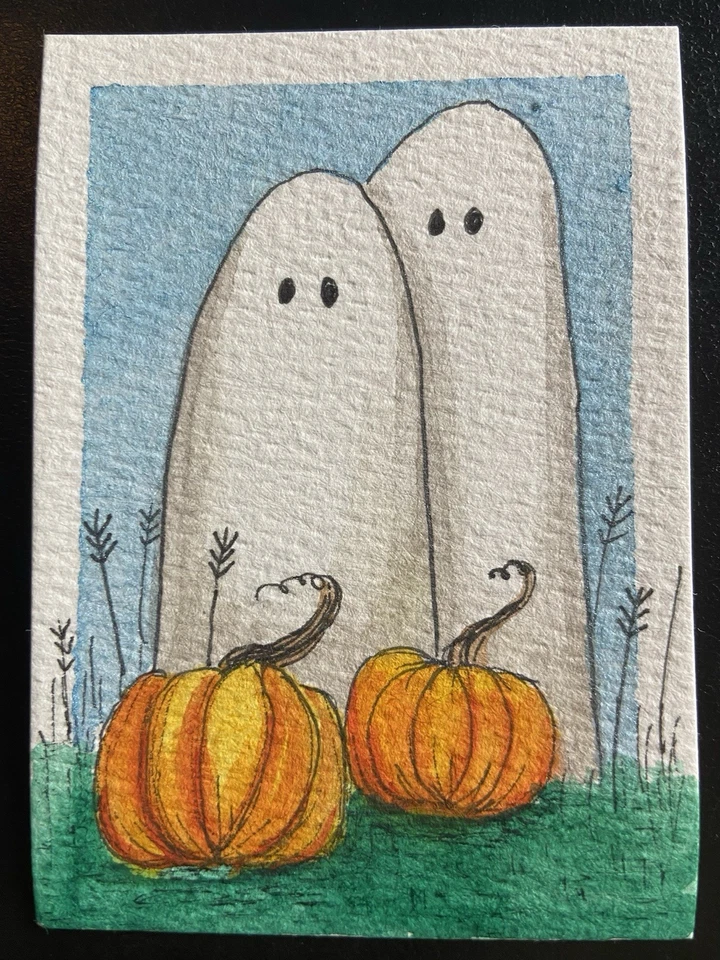 Ghosts with Pumpkins ACEO Original Watercolor and Ink Art Card - Image 1 of 1