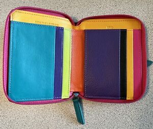 ILI Genuine Leather Multi Color Zip Wallet In Black Brights With RFID
