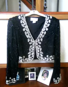 LAURENCE KAZAR VINTAGE BLACK SILK BEADED LONG SLEEVE TOPPER, SMALL PETITE - Picture 1 of 5