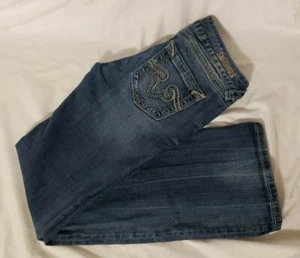 REROCK FOR EXPRESS BLUE DENIM STRETCH BOOT CUT JEANS SIZE 4 - Picture 1 of 2