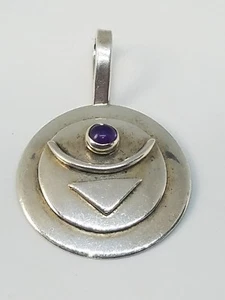 Vintage Regina Marie Artisan Modernist Sterling Silver Amethyst Cabachon Pendant - Picture 1 of 10