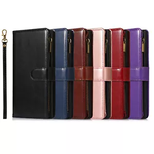 For iPhone 15 14 13 12 11 Pro Max Card Slots Zipper Wallet Folio Case with Strap - Picture 1 of 44