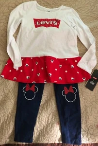 Mädchen Levi's rot, weiß und blau Minnie Mouse Hose Set Größe 5/6 Neu mit Etikett B2 - Bild 1 von 2