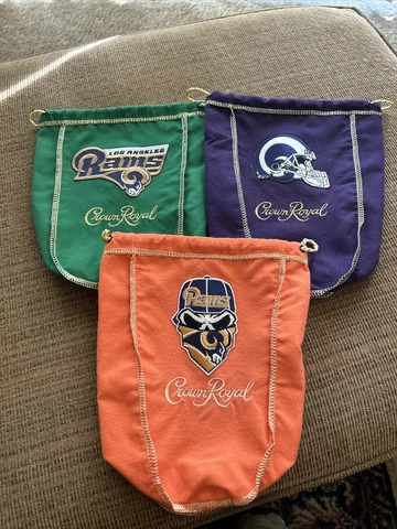 NFL Los Angles Rams 3 Bag Set Of Logo’d CROWN ROYAL BAG  1 Liter Cover