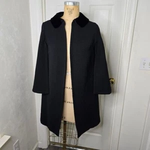 Chic Black Vintage ribbed Wool Coat/cape Velvet Collar lined womens S/M - Picture 1 of 15