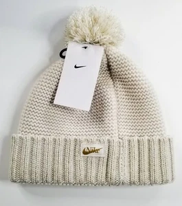 Nike Sportswear Womens One Size Beige /GoldPom Pom Knit Beanie Hat DO8199-104 - Picture 1 of 3