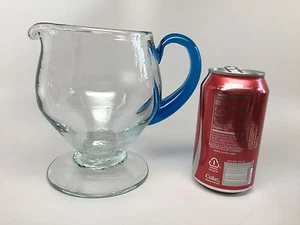 Beautiful LARGE BLOWN GLASS FOOTED PITCHER Clear Glass with Blue Applied Handle - Picture 1 of 7