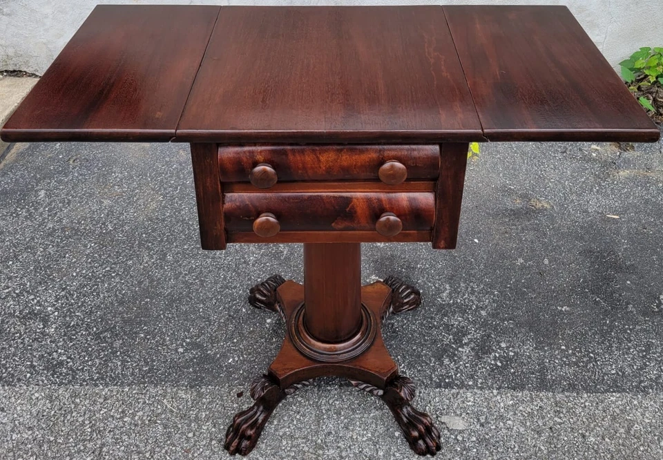 19 th c Mahogany Empire Drop Leaf Nightstand, End Table Hand Craved - Image 1 of 4