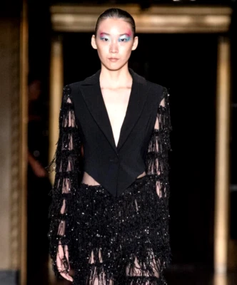 New NWT Christian Siriano 2020 Runway Sequin Fringe Blazer Dress Black Jacket 14 - Image 1 of 4