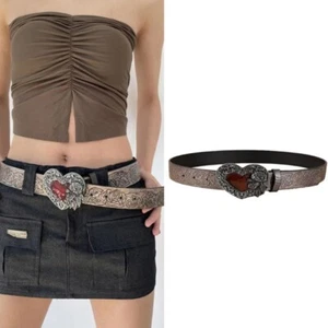 Embossed Western Belt Cowboy Belt Engraved Flower Belt Vintage Heart Buckle Belt - Picture 1 of 9