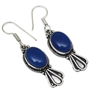 Blue Chalcedony Gemstone Handmade Gift For Her Silver Jewelry Earrings 1.5'' - Picture 1 of 7