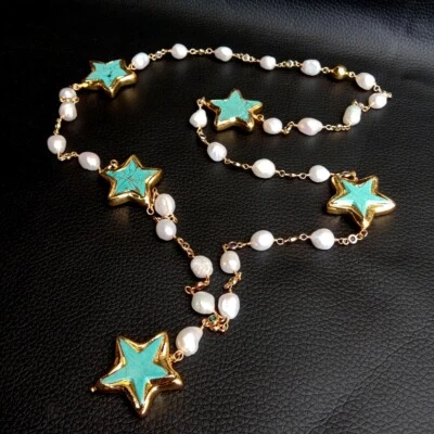 Collar Cadena Rosario Estación Estrella Turquesa Azul Perla Barroca Blanco Cultivado Foto 1 de 4