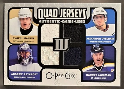 2007-08 O-Pee-Chee Quad Jerseys #QM-JROM Jackman Raycroft Ovechkin Malkin - Image 1 of 2