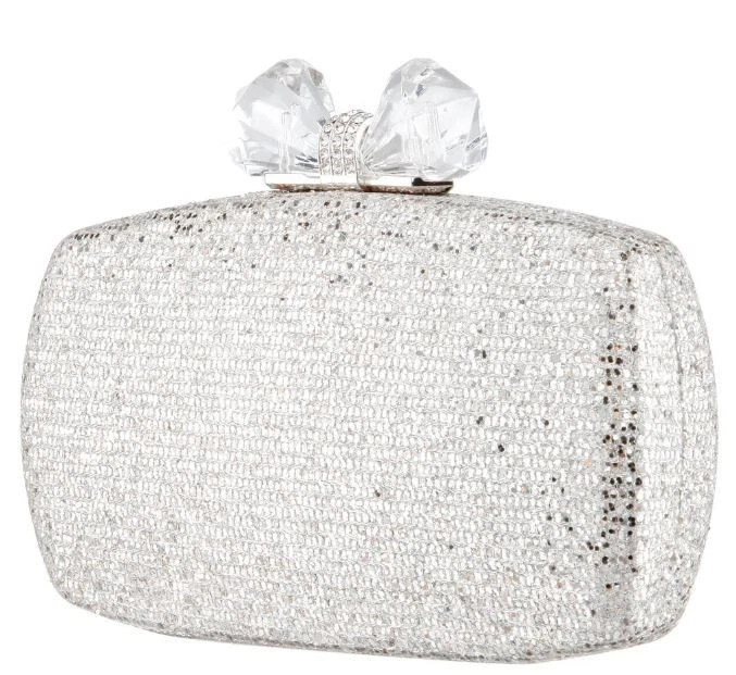 Nina Women's Glitter Minaudiere Clutch Crystal Bow Clasp Silver