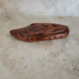 Wooden Moccasin Shoe Trinket Box Hand Carved Raised Flower Hinged - Picture 1 of 22