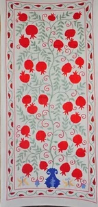 Suzani Table Runner, Uzbek Pomegranate Embroidery, Handmade, Silk/Cotton, Red - Picture 1 of 9