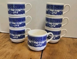 7 Pc Blue Willow Lovebirds Coffee MUG Blue & White USA Stackable - Picture 1 of 9