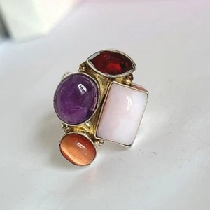Vintage Boho Chunky Purple Amethyst Pink Quartz Garnet Gem Sterling Silver Ring - Picture 1 of 10
