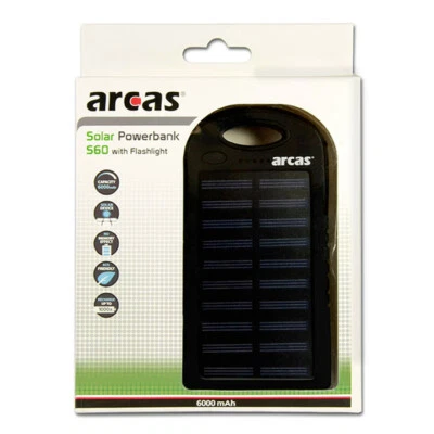 Arcas Solar Powerbank 6000mAh S60 mit Flashlight Taschenlampenfunktion LED - Bild 1 von 3