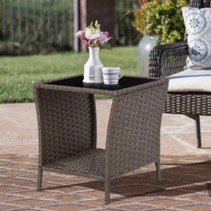 Outdoor Side Table - Outdoor Wicker End Side Tables for Patio with Storage Shelf - Picture 1 of 9