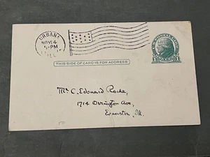 1915 URBANA IL FLAG POSTAL CARD UNIVERSITY LETTER EVANSTON GREEN/ROCHE ROMANCE ! - Picture 1 of 2