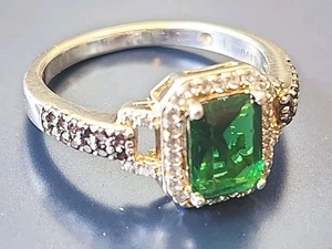 Levian Sterling Silver Emerald-Cut Green and Brown CZ Halo Ring Size 8.25 - Picture 1 of 10