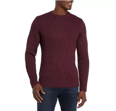 Express Men's Braided Cable Knit Sweater Long Sleeves Crew Neck Winetasting Burg - Image 1 of 4