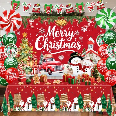 Набор украшений для рождественской вечеринки, фон 59X39 дюймов, скатерть, баннер, 20 шаров - Изображение 1 из 4