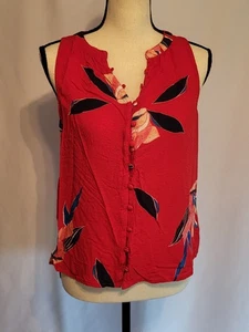Women's Bright Red Floral Sleeveless Tunic Button Top S 100% Rayon ~A New Day~ - Picture 1 of 10