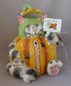 Blue Sky Ceramic Cat KITTY POPS PUMPKIN Halloween Tealight Candle Holder - Picture 1 of 12