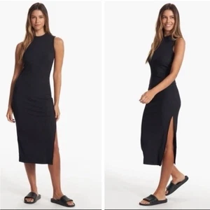 Vuori Pose Sands Ruched Sided Ribbed Midi Dress in Black Size Small - Picture 1 of 10
