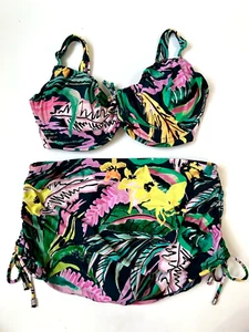 Birdsong floral underwire bikini skirt ruched tie green yellow 32G small - Picture 1 of 5