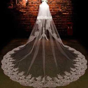 Imagen real 3M 2 capas apliques de encaje borde catedral velo de boda largo con peine - Imagen 1 de 8