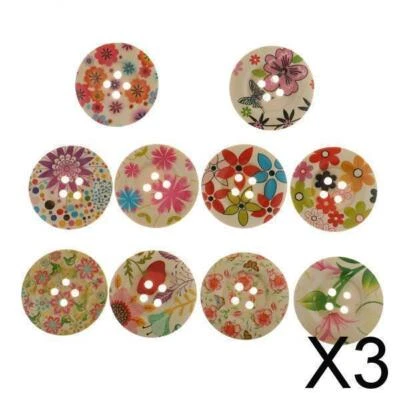 3x 10pcs Floral Flower Print 4 Hole Wood Buttons for DIY Sewing - Image 1 of 4