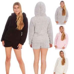 Damen weicher dicker Sherpa Kapuze Borg Fleece Hoodie Pullover Hoody Lounge Top - Bild 1 von 15