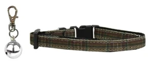 Plaid Brown Nylon Ribbon Cat Collar with Silver Bell for Pets - Picture 1 of 3