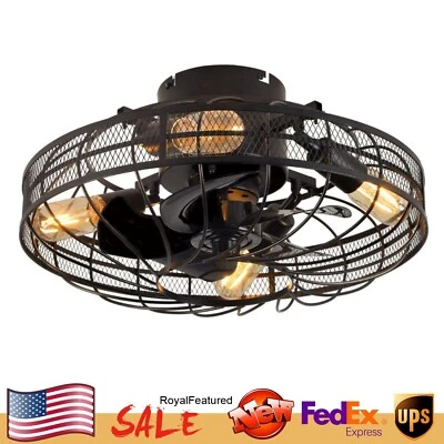 Vintage Caged Ceiling Fan Light 3 Gear Wind Chandelier Lamp With Remote Control - Image 1 of 4