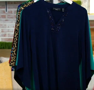 Susan Graver - Artisan Liquid Knit Split-Neck Tunic Top - Navy Blue - Picture 1 of 5