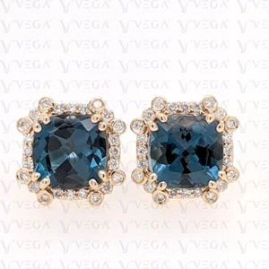 4.72Ct Cushion Cut Natural Blue Topaz & Diamond Stud Earring 14K Solid Rose Gold - Picture 1 of 19