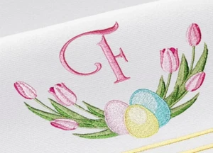 Easter Eggs with Tulips Spring Embroidered Cloth 6 White Napkins - Picture 1 of 3