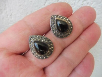 Bella,vecchio Orecchini,Orecchini a Clip,Th,925 Argento con Onice E Marcasite - Immagine 1 di 4