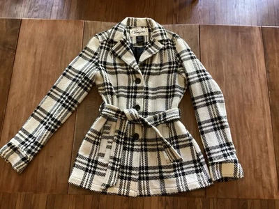 Abrigo de Colección JouJou Mezcla de Lana Guisante Blanco y Negro a Cuadros, Chaqueta con Cinturón para Mujer’s M Foto 1 de 4